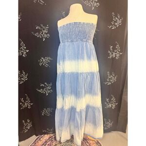 Unbranded Blue Tie Dye Smocked Strapless Tiered Maxi Dress